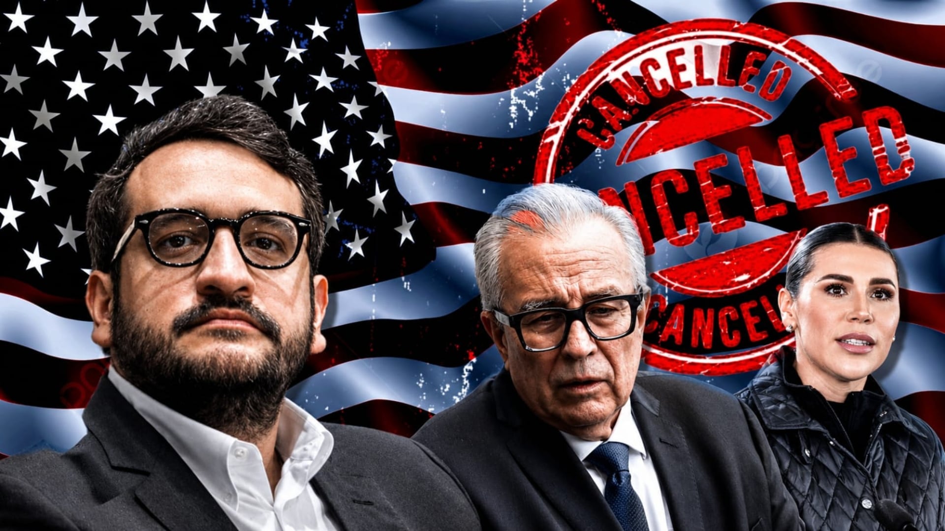 Tres políticos mexicanos, identificados como morenistas, aparecen frente a la bandera de Estados Unidos con sellos de