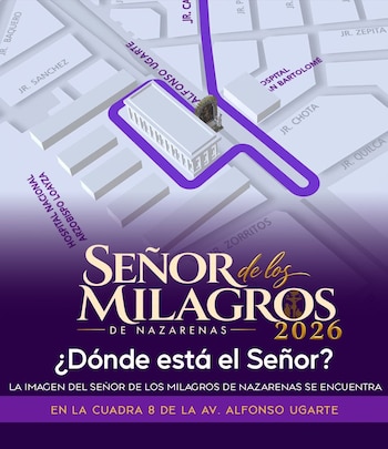 Mapa esquemático con una ruta morada entre calles y un cartel inferior con texto sobre la procesión del Señor de los Milagros