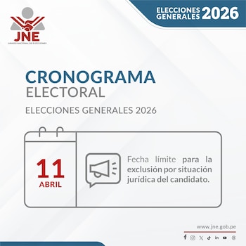 Infográfico digital do calendário eleitoral do JNE para as Eleições Gerais de 2026, destacando 11 de abril como prazo de exclusão de candidatos