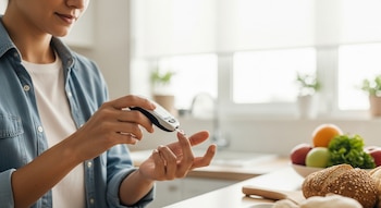 Primer plano de una persona irreconocible usando un glucómetro para medir su nivel de glucosa en el dedo índice en una cocina luminosa con frutas y pan.
