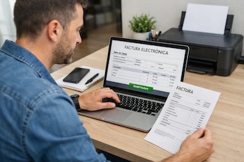 Hombre de espaldas en un escritorio con ordenador portátil, factura electrónica en pantalla y una factura impresa en mano. Teléfono, cuaderno y impresora presentes.