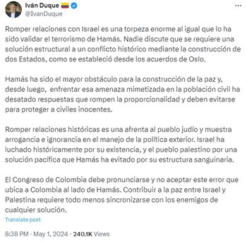 Publicación de Iván Duque -