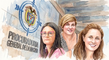 Ilustración en acuarela de tres mujeres junto al escudo y letrero de la Procuraduría General de la Nación de Colombia.