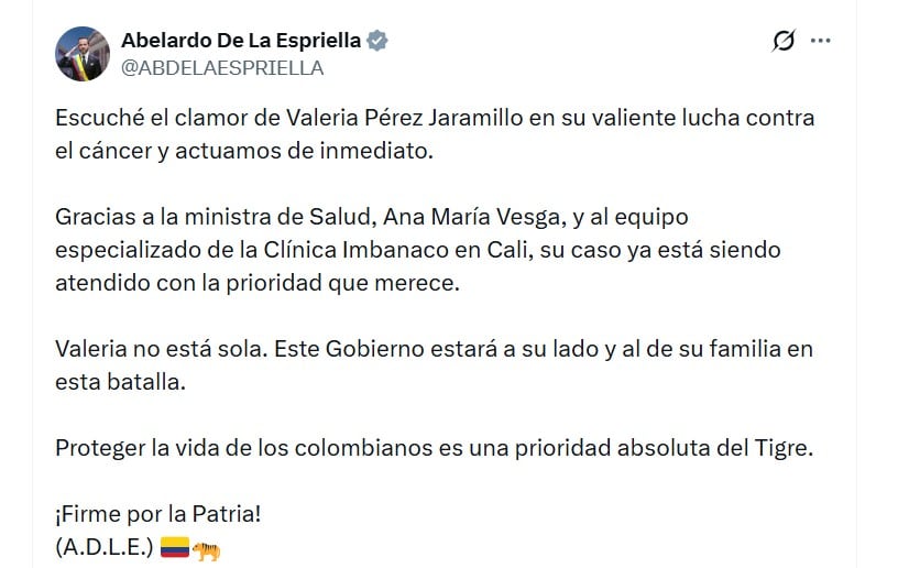 El presidente Abelardo de la Espriella confirmó la intervención del Gobierno nacional en el caso de Valeria Pérez Jaramillo - crédito @ABDELAESPRIELLA/X