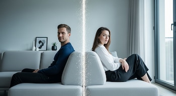 Un hombre y una mujer sentados espalda con espalda en un sofá gris, separados por una línea brillante. Él viste oscuro, ella claro. Detrás, muebles modernos y una ventana.