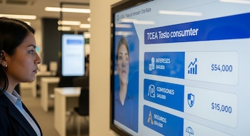 Uma mulher com o perfil certo olha para uma tela digital de uma instituição financeira que mostra o detalhamento de um empréstimo com juros, comissões e seguros.