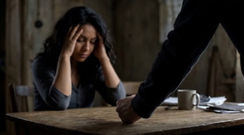 Una mujer con cabello oscuro y rasgos latinos se cubre el rostro con las manos mientras un puño cerrado impacta una mesa de madera oscura.