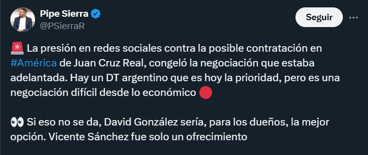 Juan Cruz Real no llegaría a América de Cali- crédito @PSierraR/X