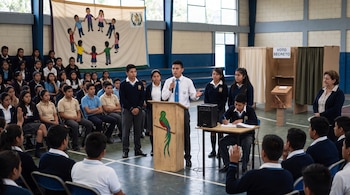 Un alumno habla por micrófono desde un podio frente a sus compañeros en un gimnasio escolar con una cabina para voto secreto al fondo.