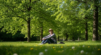 Plano medio de una persona con sombrero sentada en el pasto verde de un parque, con árboles frondosos de fondo y luz natural.