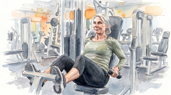 Ilustración de una mujer adulta con cabello gris sentada en una máquina de gimnasio. Sostiene mancuernas y usa ropa deportiva, con otras máquinas en el fondo.