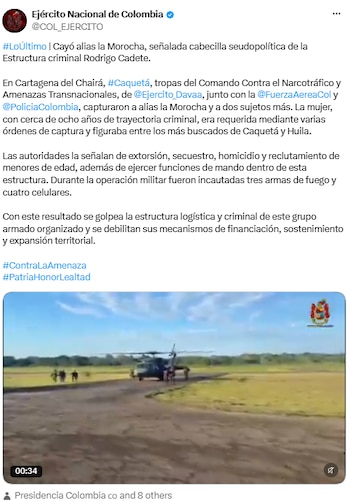 Pronunciamiento del Ejército Nacional de Colombia a la captura de alias La Morocha - crédito @COL_EJERCITO/X