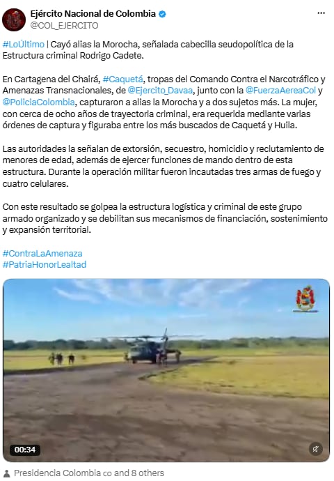 Pronunciamiento del Ejército Nacional de Colombia a la captura de alias La Morocha - crédito @COL_EJERCITO/X