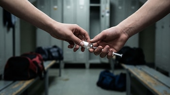 Primer plano de dos manos de adolescentes, sin guantes, una pasa una jeringa y un vial a la otra. De fondo, un vestuario con taquillas borrosas.