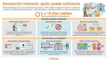 Infografía sobre la devolución de fondos del Infonavit, dividida en seis secciones con texto e iconos de documentos, trámites y plazos.
