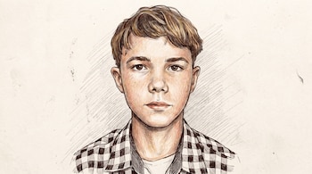 Dibujo a color de un joven con cabello castaño, ojos oscuros y camisa a cuadros en blanco y negro sobre papel claro.
