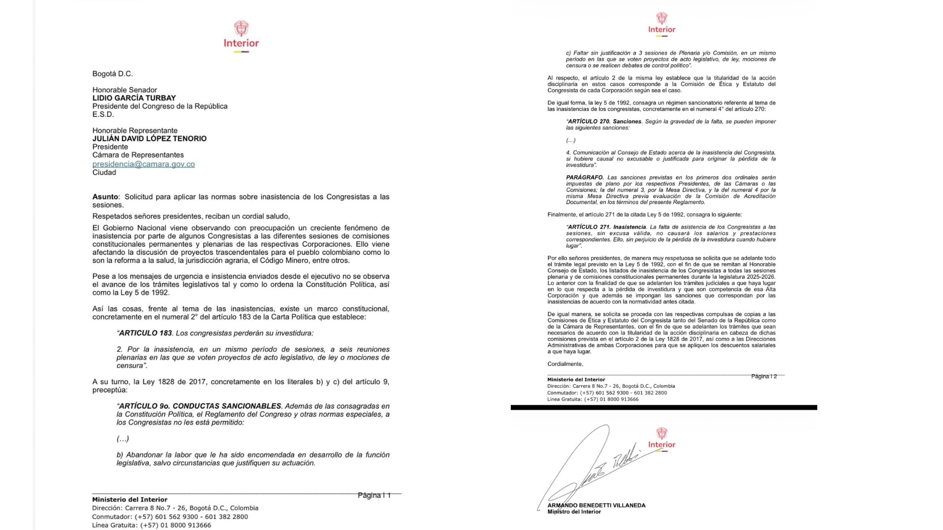Entre las medidas solicitadas se encuentran el reporte de inasistencias al Consejo de Estado, descuentos salariales y traslado de casos a comisiones de ética - crédito @AABenedetti/X