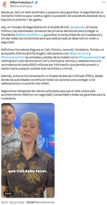 Dilian Francisca Toro anunció corredores seguros y control de drones por ceremonia presidencial - crédito @DilianFrancisca/X