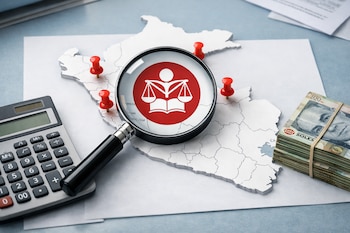 Un mapa de Perú con chinchetas rojas y una lupa con el logo del JNE se encuentra sobre una mesa con una calculadora y billetes de 100 soles.