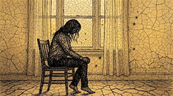 Silueta de una persona sentada en una silla frente a una ventana con cortinas, rodeada por paredes y suelo con textura agrietada.
