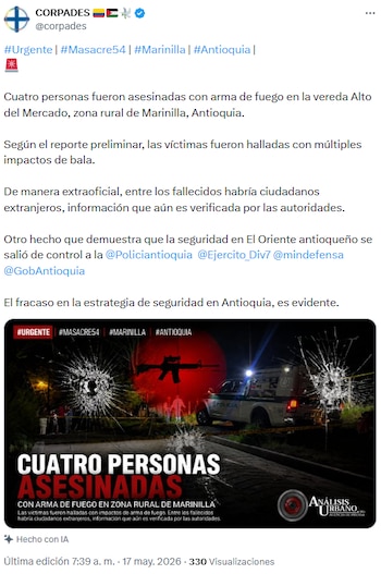 Pronunciamiento de Corpades por la masacre en Marinilla, Antioquia - crédito @corpades/X