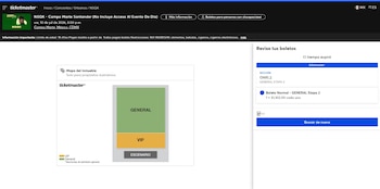 Captura de pantalla de la página de Ticketmaster con detalles del concierto de NSQK, mapa del inmueble con zonas General y VIP, y detalles de un boleto