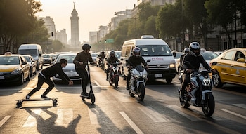Escena urbana con un joven en monopatín y otro en patineta eléctrica. Motocicletas y vehículos de tráfico denso llenan una avenida de Ciudad de México al atardecer.