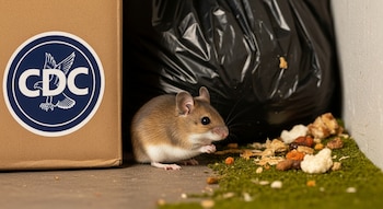 Un ratón ciervo de pelaje marrón y vientre blanco cerca de una bolsa de basura, restos de comida y una caja de cartón con el logo de los CDC.
