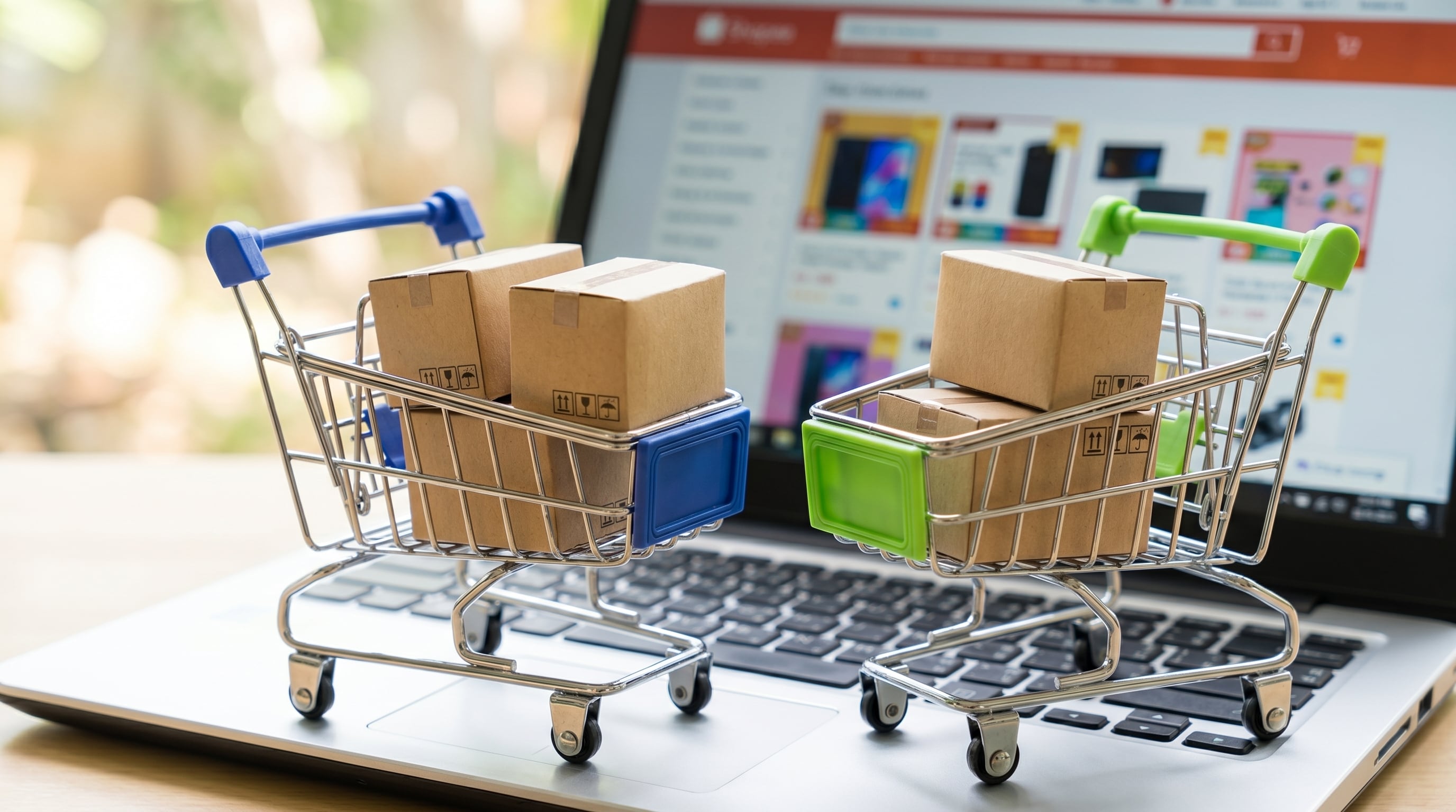 Dos carritos de compras en miniatura con cajas de cartón se encuentran sobre el teclado de un portátil, cuya pantalla muestra una página de comercio electrónico, simbolizando el crecimiento de las compras online y la logística de paquetería. (Imagen Ilustrativa Infobae)