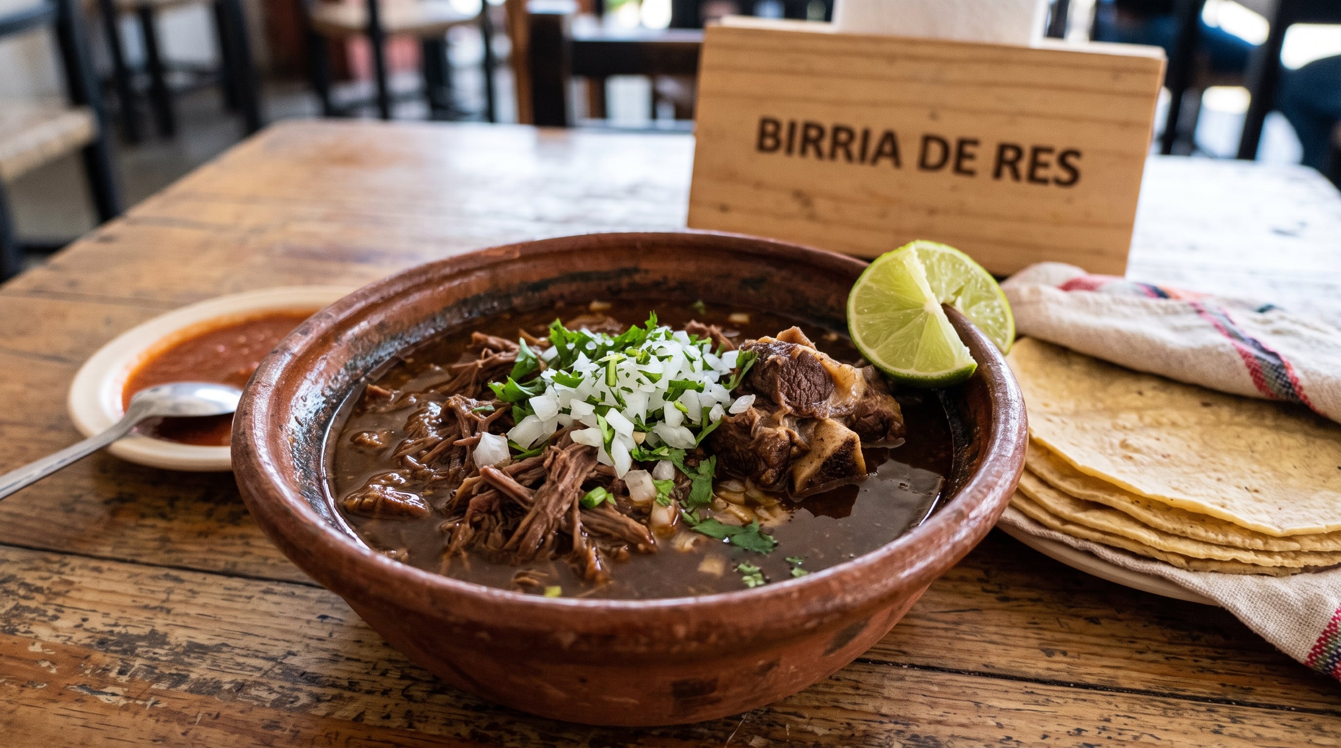 Un cuenco de barro con birria de res marinada en adobo y cocida lentamente se sirve junto a tortillas de maíz y salsa sobre una mesa de madera. (Imagen Ilustrativa Infobae)