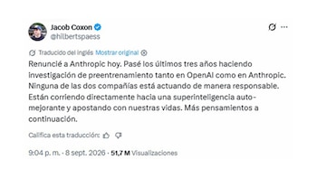 Publicación en redes sociales donde Jacob Coxon comunica su renuncia a la empresa Anthropic