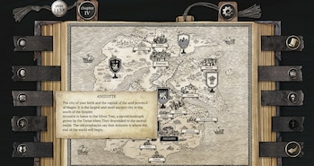 Mapa de fantasía con ciudades, escudos y barcos sobre un libro abierto. Un recuadro de texto describe Anizotte. Interfaz de juego con el año 1138 y capítulo IV