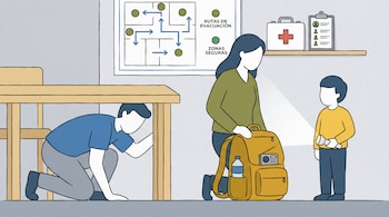 Hombre bajo mesa, mujer junto a mochila de emergencia, niño con linterna. Mapa de evacuación, botiquín y lista de contactos en la pared.