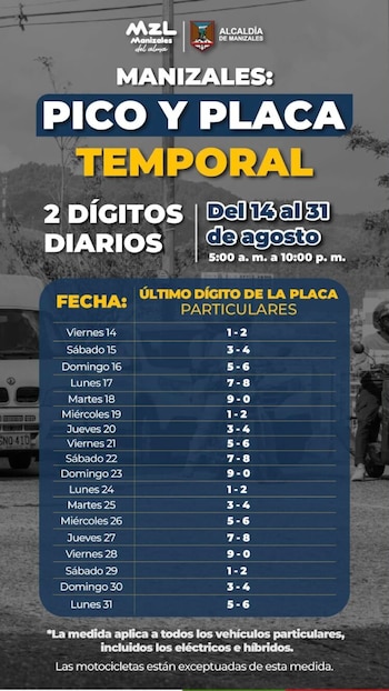 La restricción de pico y placa temporal rige en las vías municipales de Manizales, mientras las vías nacionales están exceptuadas aunque pueden tener cierres por seguridad - crédito Alcaldía de Manizales