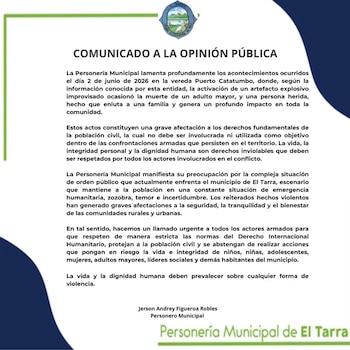 La Personería de El Tarra rechazó el ataque y pidió a los actores armados respetar el Derecho Internacional Humanitario. - crédito Personería Municipal de El Tarra