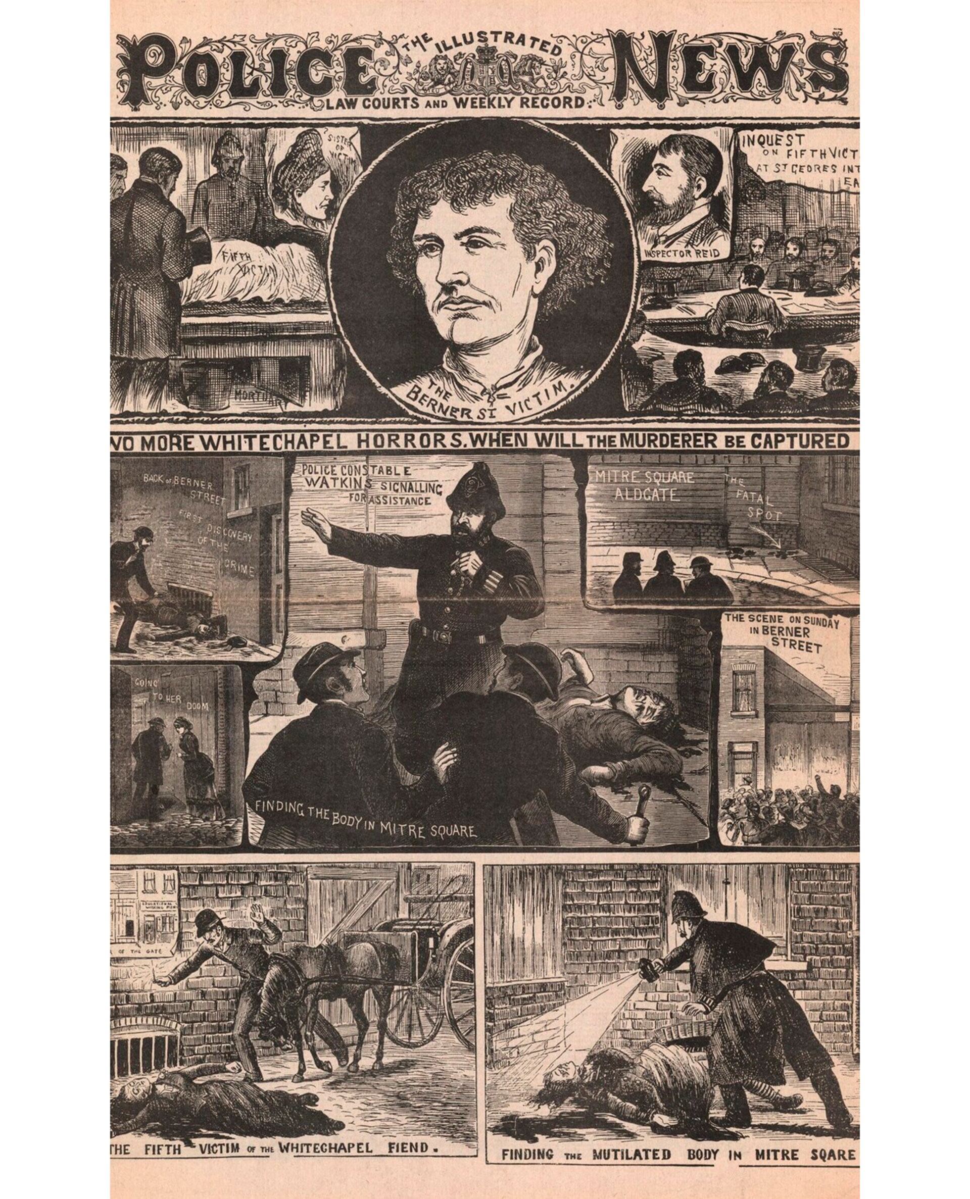 Edición histórica del periódico británico The Illustrated Police News, específicamente la del 6 de octubre de 1888, que ilustra los asesinatos de Elizabeth Stride y Catherine Eddowes, conocidos como el