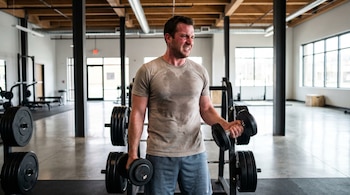 Hombre sudoroso con camiseta clara y pantalones cortos levanta mancuernas pesadas en un gimnasio moderno. Su expresión facial muestra gran esfuerzo.
