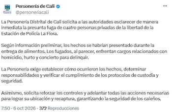 La Personería Distrital de Cali solicitó establecer si hubo fallas en los protocolos de custodia - crédito @personeriacali/X