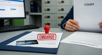 Una mano sostiene un documento judicial con la palabra 'COURT' en un escritorio. Hay un sello rojo de 'EMBARGO', papeles, una tarjeta bancaria y un monitor con una cuenta congelada.