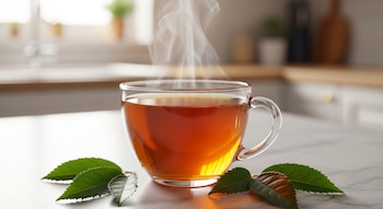 Primer plano de una taza de vidrio transparente con té caliente, de la que sale vapor, sobre una encimera de mármol. Hay hojas de boldo verdes esparcidas alrededor.