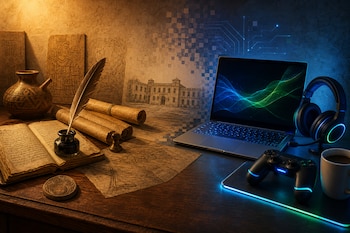 Objetos antiguos como pergaminos, pluma y vasija a la izquierda, y una computadora portátil con un mando de videojuegos a la derecha.