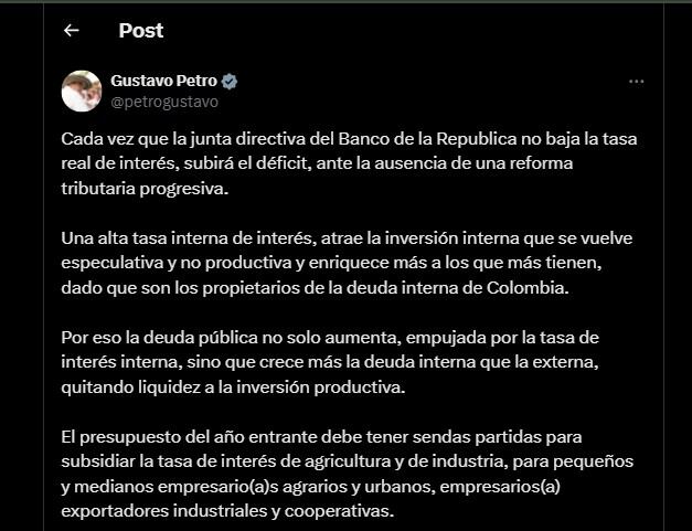Las altas tasas de interés en Colombia aumentan la deuda pública interna, según el análisis del mandatario - crédito @petrogustavo/X