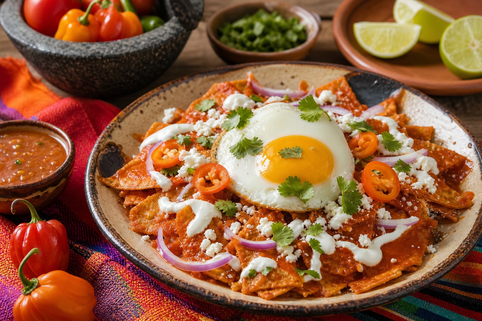 Un plato de chilaquiles habaneros en salsa roja servidos con un huevo frito, queso fresco, cebolla morada y cilantro se presenta junto a sus ingredientes tradicionales. (Imagen Ilustrativa Infobae)