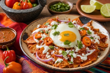 Plato de chilaquiles con salsa roja, huevo frito, queso y chiles habaneros, acompañado de limones, salsa y molcajete.
