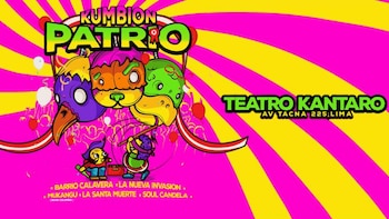 Afiche colorido con texto 'Kumbión Patrio' y 'Teatro Kantaro Av Tacna 225 Lima'. Muestra figuras animadas de un ave, un oso y un monstruo, con dos músicos pequeños
