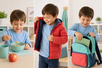 Collage de tres imágenes de un niño comiendo cereal, poniéndose una chaqueta roja y guardando un cuaderno en una mochila.