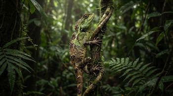 Un lagarto verde y marrón con cresta se agarra a una rama de árbol cubierta de musgo. El fondo muestra vegetación verde borrosa.