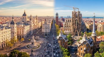Composición que fusiona el paisaje urbano de Madrid a la izquierda, con el Palacio de Cibeles, y Barcelona a la derecha, con la Sagrada Familia y el Parque Güell.