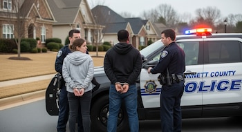 Dos agentes de la policía de Gwinnett con dos personas esposadas, un hombre y una mujer, junto a un vehículo policial en una calle residencial.