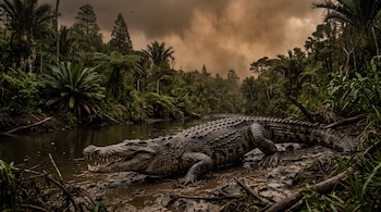 Un cocodrilo con la boca abierta en la orilla de un río, rodeado de vegetación tropical y árboles bajo un cielo nublado y oscuro.